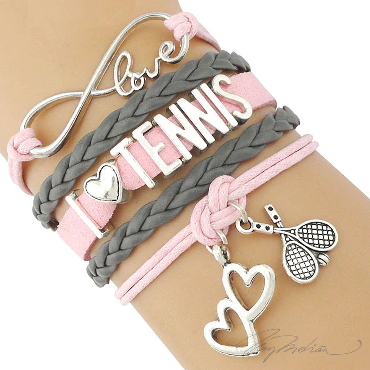 Pulsera de Rodio y Cuero TENIS1 Rosa y Gris Colección Alcalá de Henares