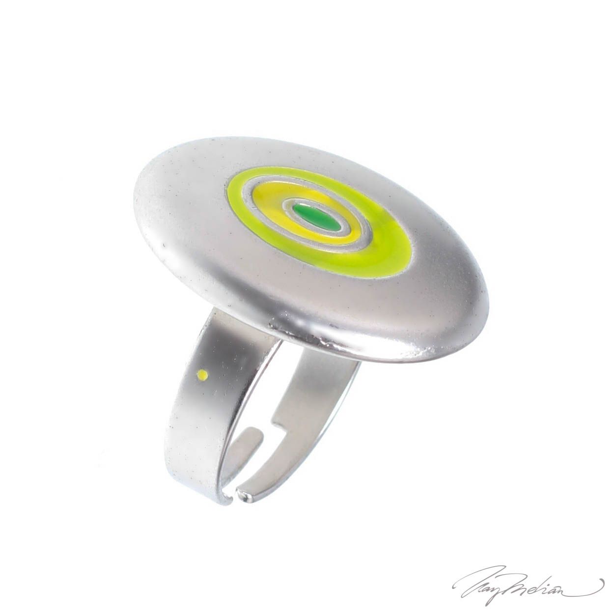 Anillo de Rodio y Esmalte de Diseño Oval Verde y Amarillo