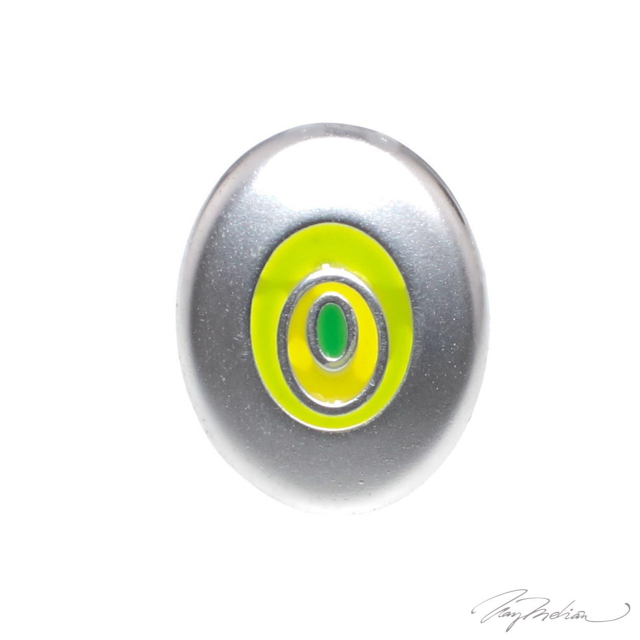 Anillo de Rodio y Esmalte de Diseño Oval Verde y Amarillo